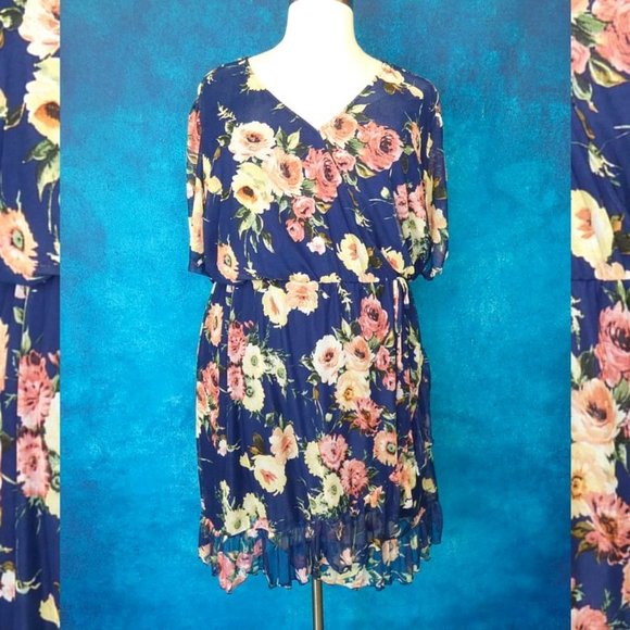 NWT AVLN Navy Floral Faux Wrap Mesh Dress 3X - Picture 2 of 9